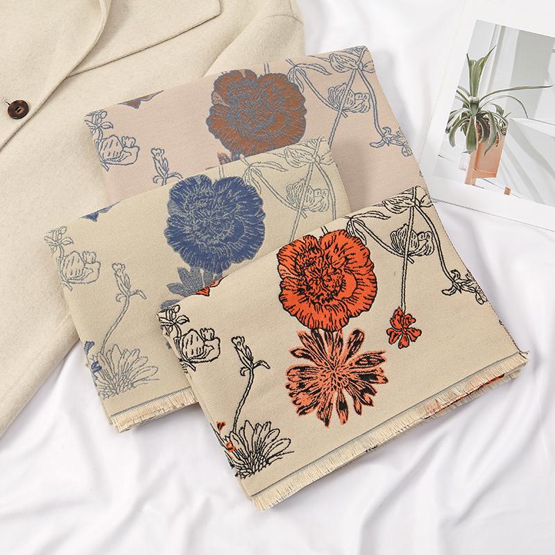 Peony Printed Cashmere Scarf Women Winter Luxury Pashmina Blanket Thick Shawl Wrap Neckerchief Fashion Bufanda Echarpe Poncho