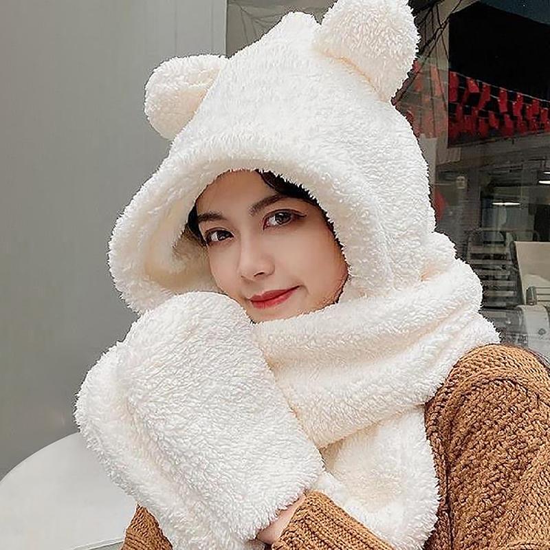 Зимние женские шапки с капюшоном, теплые шапки с медвежьими ушками, повседневная плюшевая шапка, шарф, повседневные женские шапки, теплые головные уборы