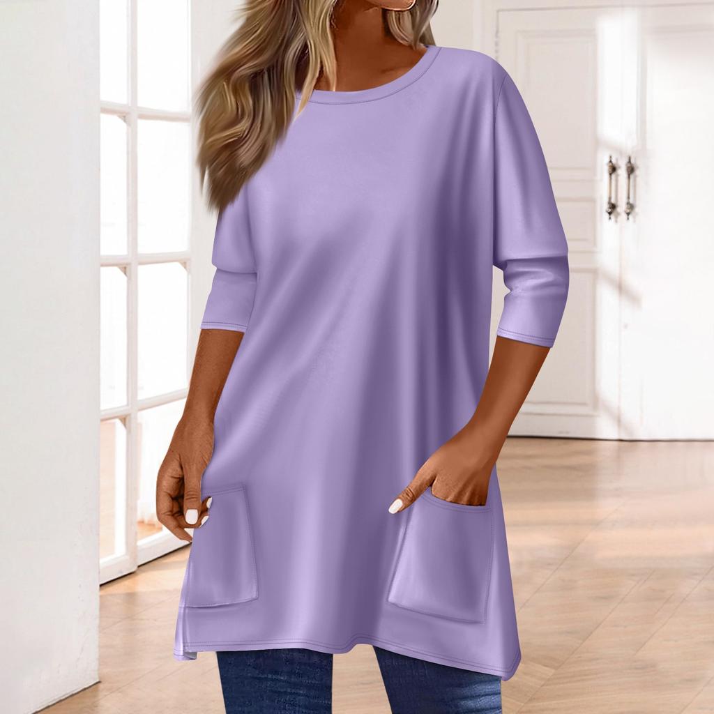 3/4 Sleeve Pocket Tops For Women T-Shirt Casual Print Mid-length Tops T Shirt Round Neck Pullover Blouse