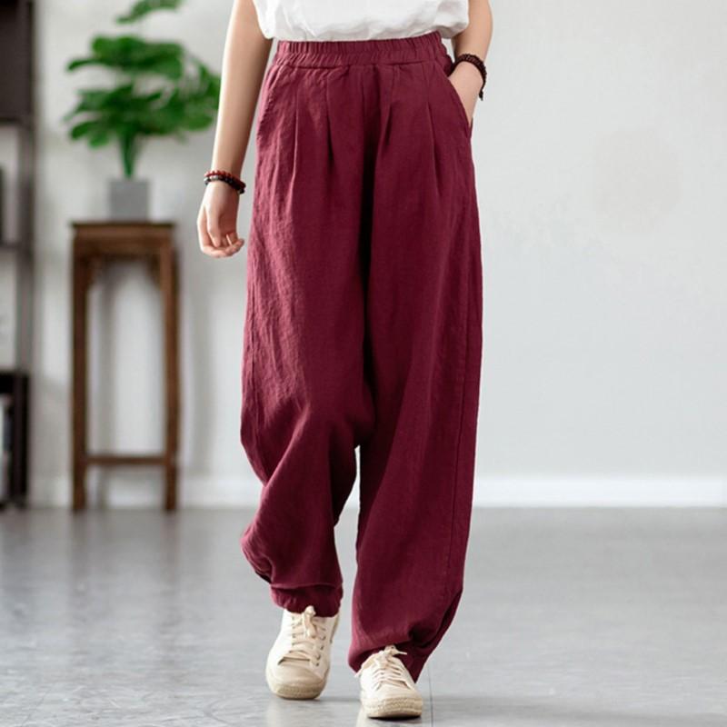 Johnature Женские винтажные однотонные длинные брюки, льняные эластичные весенние брюки с карманами, свободные женские прямые брюки