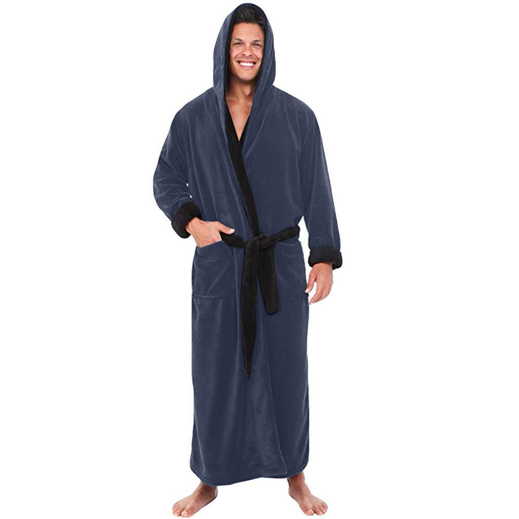 Men's Winter Lengthened Plush Shawl Bathrobe Home Clothes Long Sleeved Robe Coat