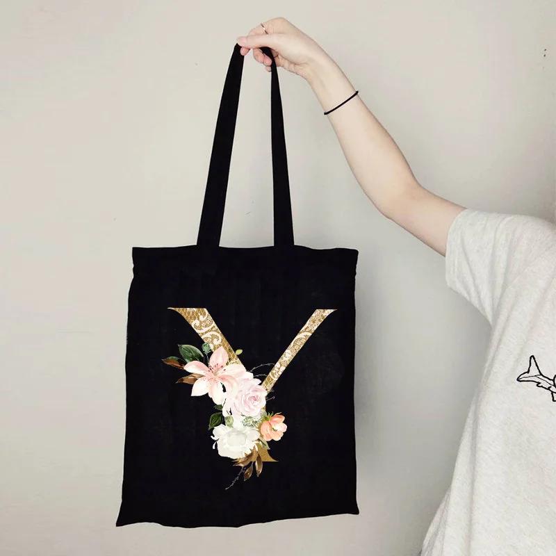 Gold Letter Flower Canvas Bag Women's Shopping Bag Reusable Large Capacity Portable Handbag Harajuku Student Shoulder Bag