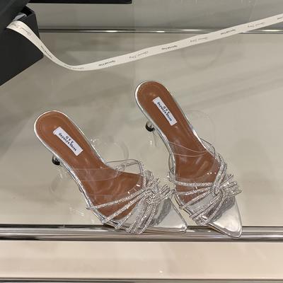 Женская обувь лето новая мода острый носок тонкий каблук кристалл знаменитость стразы прозрачные туфли на высоком каблуке шлепанцы