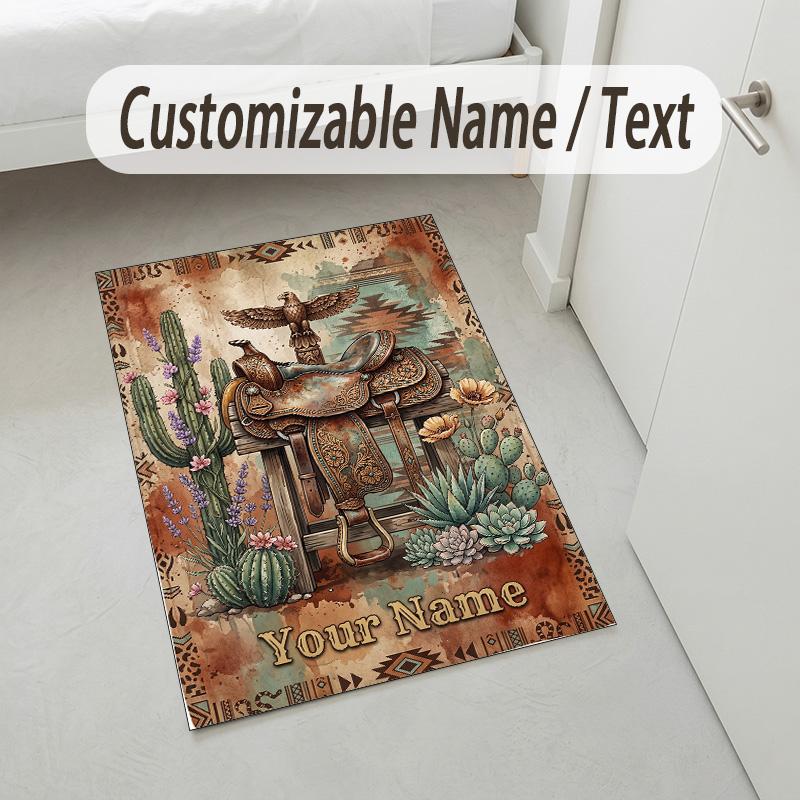 Western Animal Skull Theme Soft Crystal Velvet Rug Custom Name & Text Print Non Slip Floor Rug for Bedroom Living Room