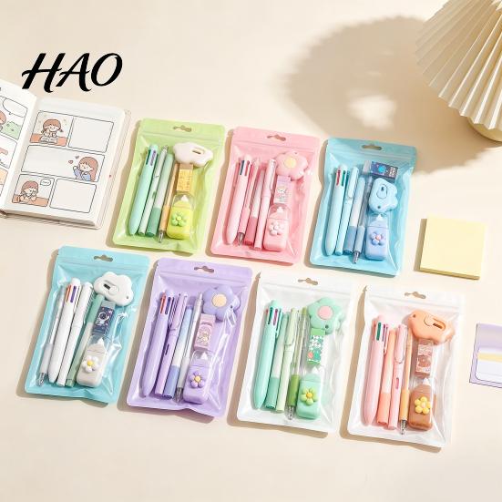 Portable Storage Stationery Case 7PCS Set, Macaron Color Gel Pens/Correction Tape/Cutter/Eraser Include, Learning Supplies Office Records with
