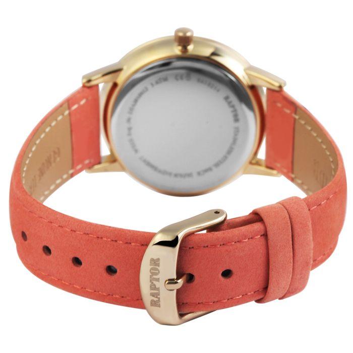 Montre - RAPTOR - Sunny - Boîtier doré métal - Cadran rose - Bracelet cuir 18 mm