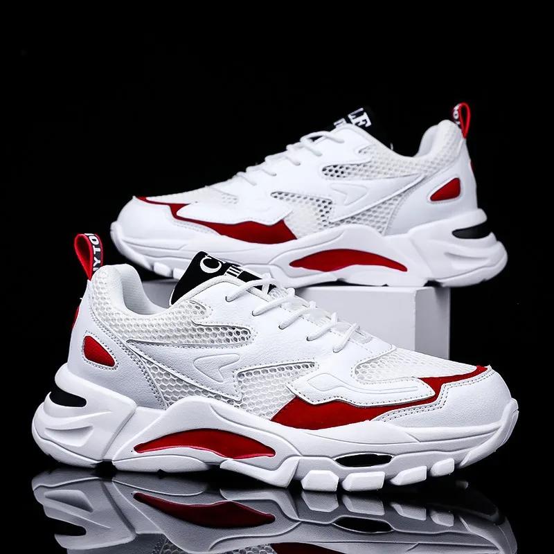 Модные сетчатые мужские кроссовки белые летние кроссовки на платформе стильные мужские кроссовки на шнуровке дышащая мужская теннисная обувь мужская спортивная обувь