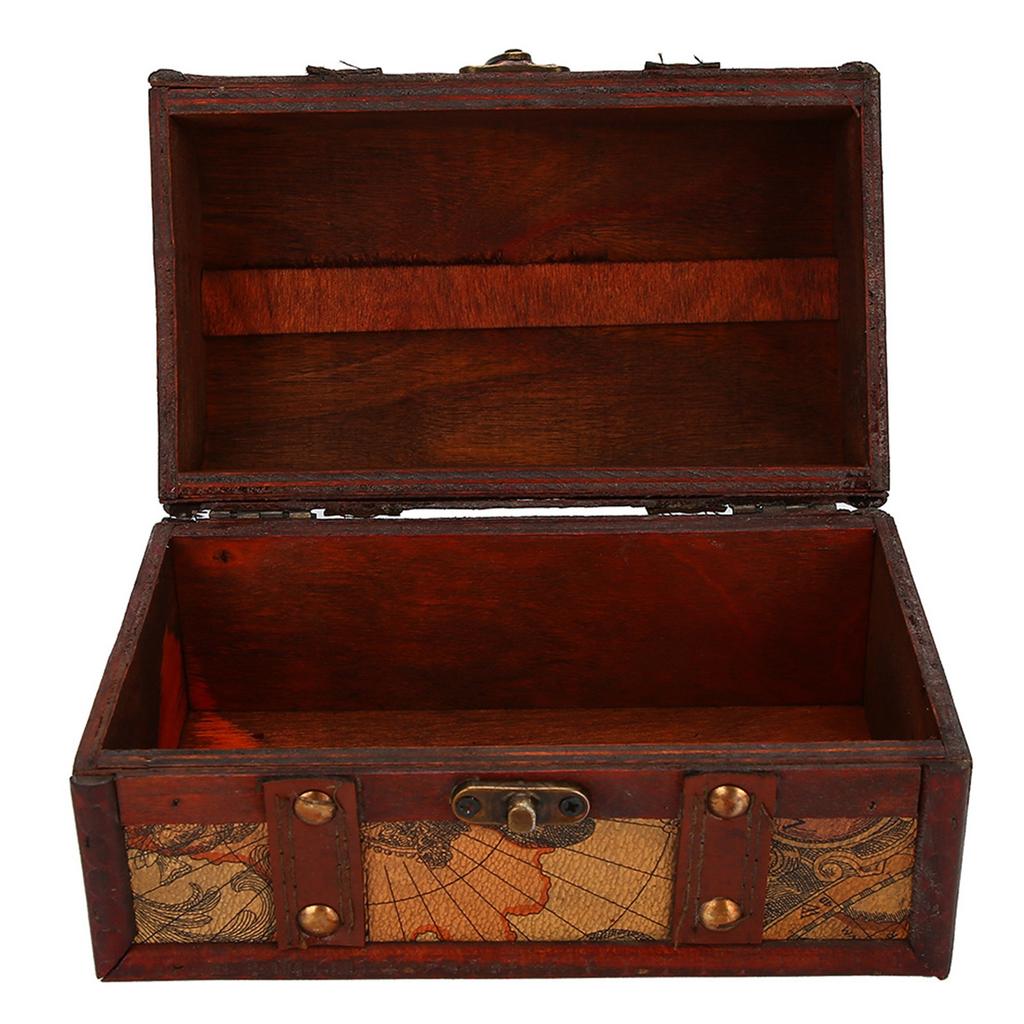 Vintage Wood Box Jewelry Storage Case Handmade Treasure Chest (Map)