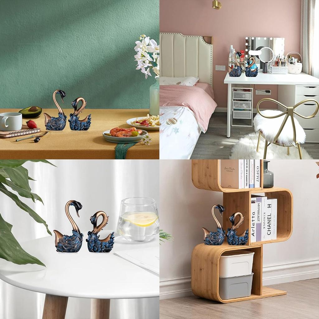 Набор из 2 скульптур лебедя, декор для дома в виде пары лебедей, синие и золотые украшения для комнаты, книжная полка, офис, гостиная, центральная часть обеденного стола