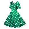 Women Evening Dress Retro Color Matching Dot Print A-line V Neck Big Swing Short Ruffle Sleeves Tight High Waist Back Zipper Party Prom Midi Dress