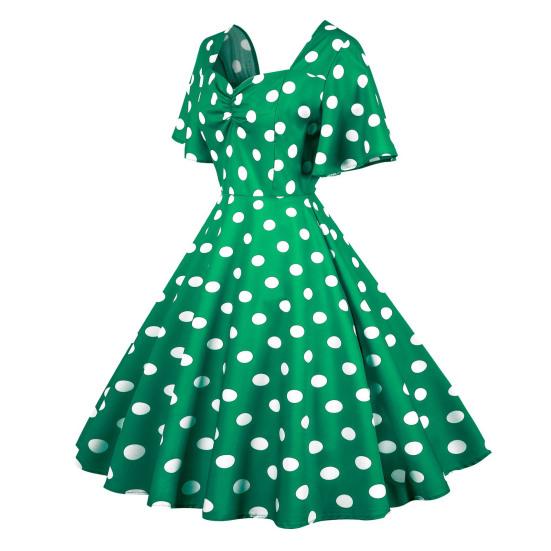 Women Evening Dress Retro Color Matching Dot Print A-line V Neck Big Swing Short Ruffle Sleeves Tight High Waist Back Zipper Party Prom Midi Dress