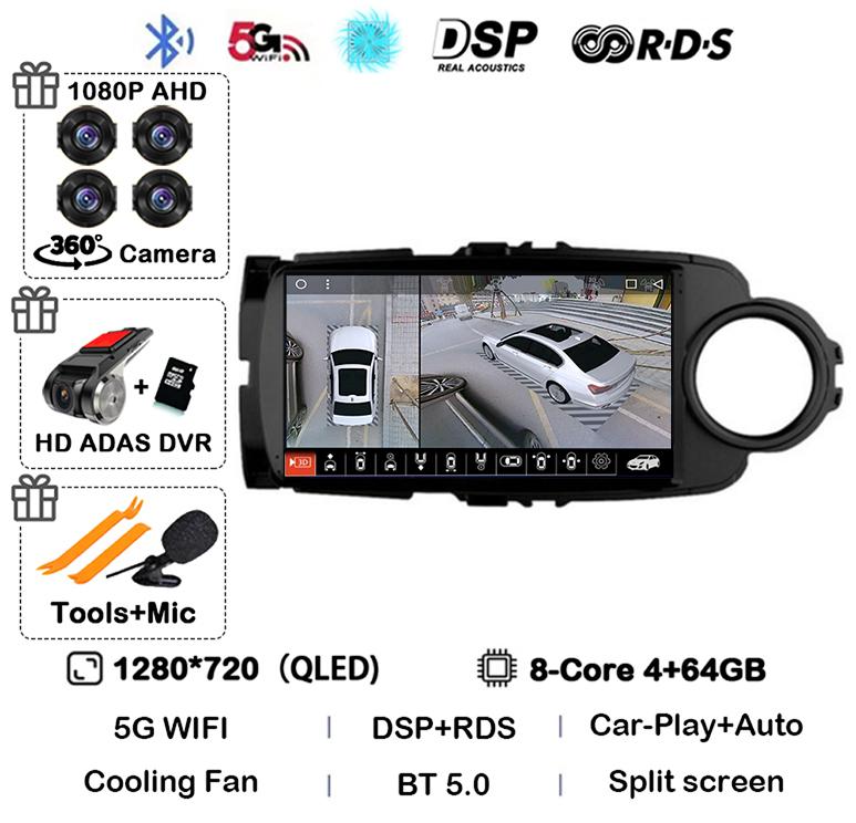 Android14 Carplay Auto For Toyota Yaris 2012 2013 2014 2015 2016 2017 Multimedia Car Radio Player WIFI+4G SIM Stereo DSP GPS RHD