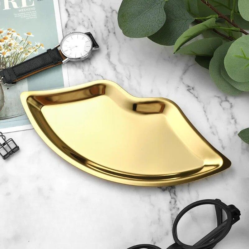 Korean Style Ins Style Stainless Steel Lip Shaped Jewelry Tray Home Cosmetics Metal Tray Female Jewelry Storage Tray Decorative