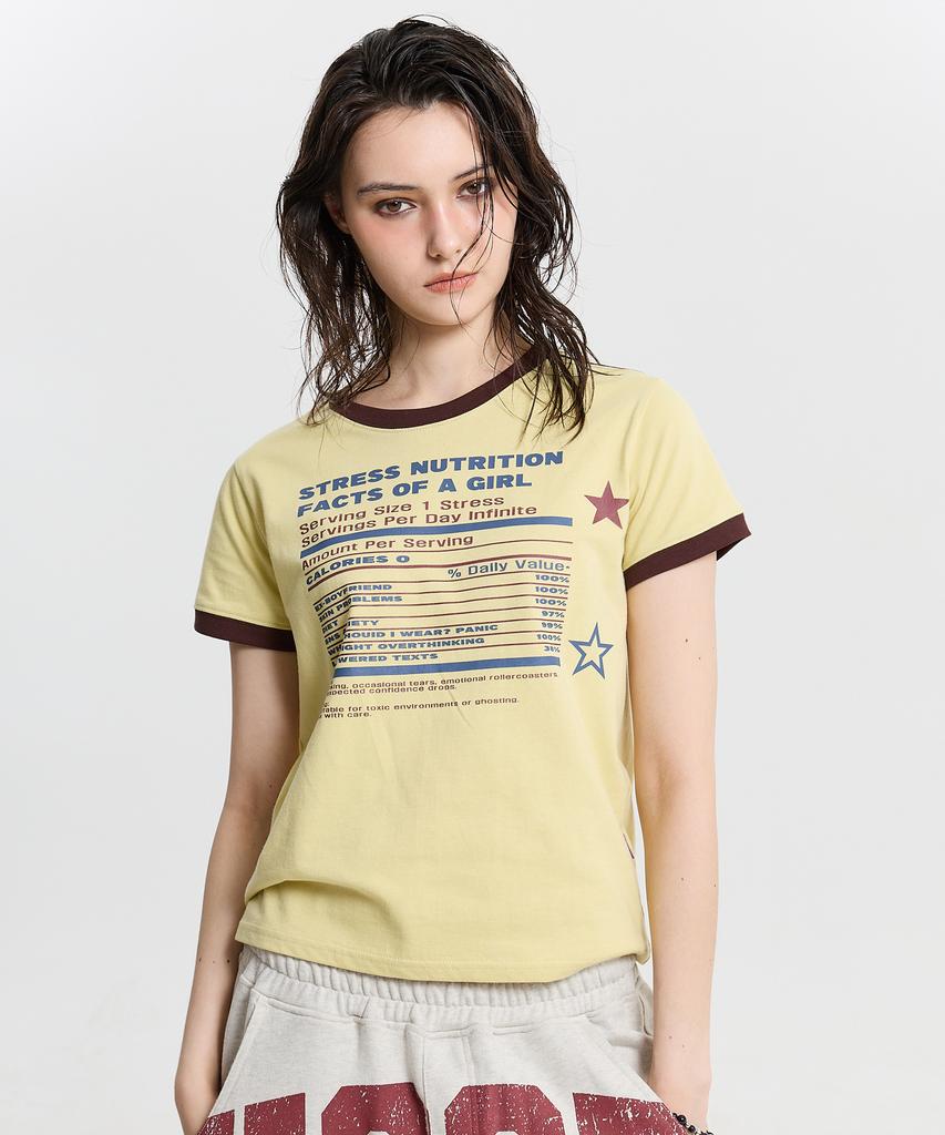 HOODHOOD Girl Stress Nutrition Ringer Short Sleeve T-Shirt Light Yellow
