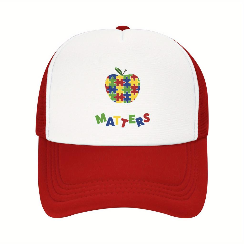 Autism Matters Puzzle Apple Trucker Hat Breathable Mesh Back Adjustable Casual Baseball Cap for Adults