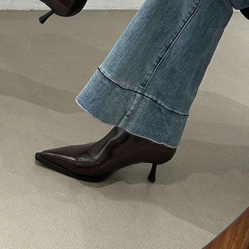 Pointed Toe Solid Women's Boots Zipper High Heels Ladies Shoes 2024 High Quality Autumn Short Barrel Versatile Women's Boots