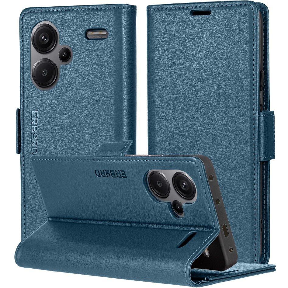 Xiaomi Redmi Note 13 Pro+ Case, ERBORD Glossy Litchi, Wallet with Flip, Blue