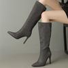 FOREADA Women Knee High Long Boots Pointed Toe Thin High Heels Crystal Sparkly Boot Ladies Fashion Shoes Autumn Winter Silver 43