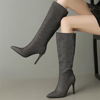 FOREADA Женские высокие сапоги до колена с острым носком на тонком высоком каблуке, с кристаллами, блестящие, модная женская обувь, осень-зима, серебристые, 43