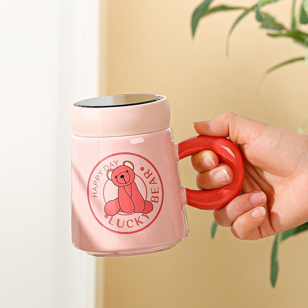 Милая мультяшная керамическая чашка с розовым медведем, зеркальная чашка, парная кружка, домашняя крышка, чашка для воды, рекламный подарочный стакан