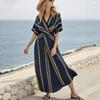 Women's V Neck Short Sleeve Maxi Dress Loose Fit Mid Waist Elegant Striped Wrap Dress