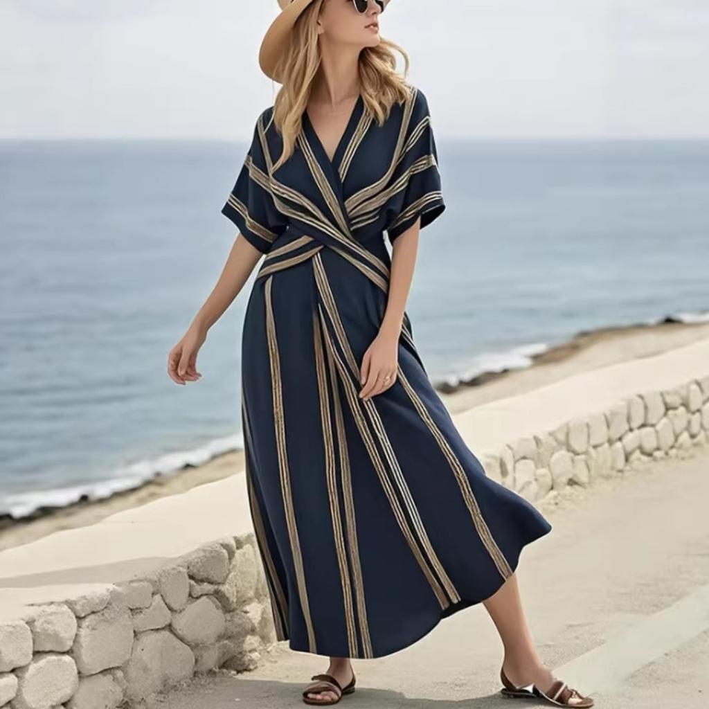 Women's V Neck Short Sleeve Maxi Dress Loose Fit Mid Waist Elegant Striped Wrap Dress