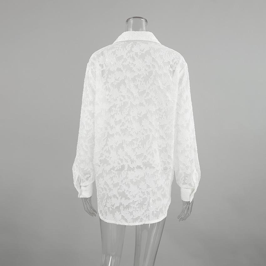 1116 autumn sexy design style white jacquard loose long-sleeved shirt versatile fashion slightly transparent shirt commuter woman