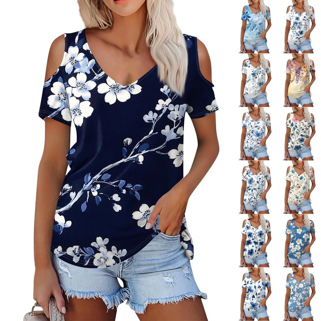 Women's Summer Fashion Casual Floral Print Off-the-shoulder V-neck Short-sleeved T-shirt Top
