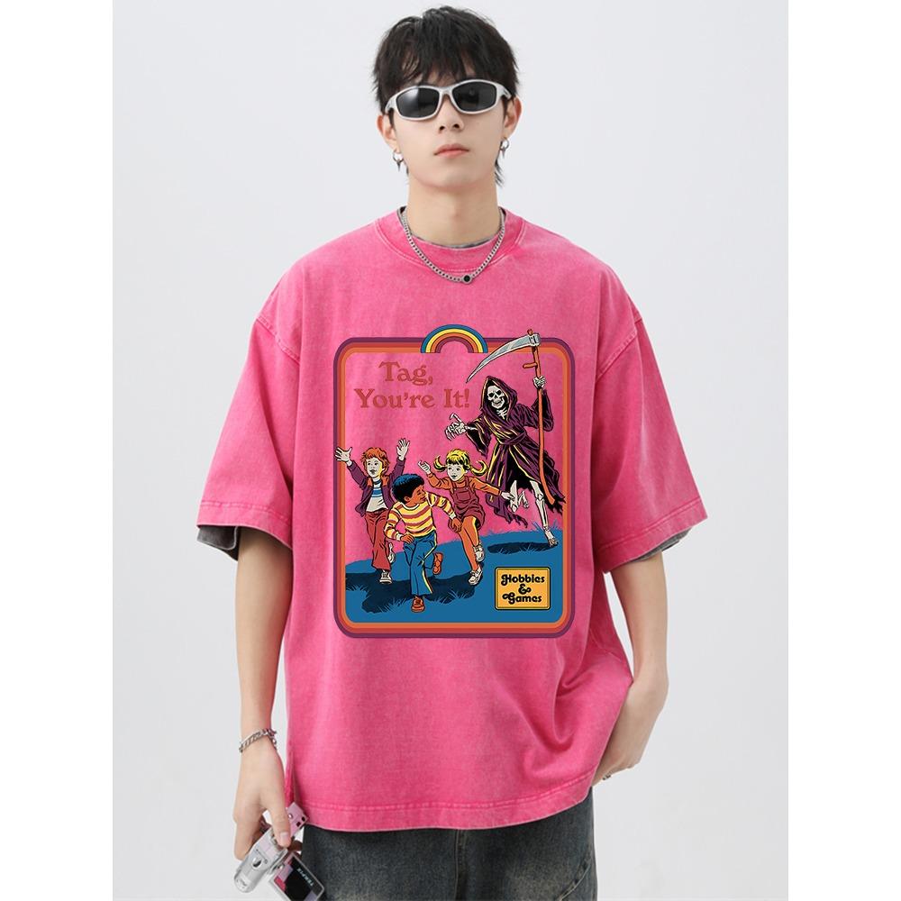 Death Is Chasing Me From Behind Washed Retro Male T-Shirt Breathable Oversize Tees Summer Cotton Clothes Couple