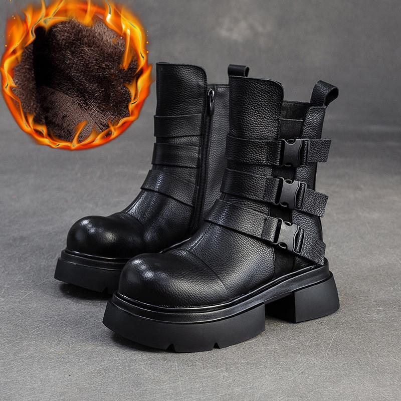 Johnature Plush Warm British Style Mid-calf Boots Genuine Leather Thick Soled Women's Shoes