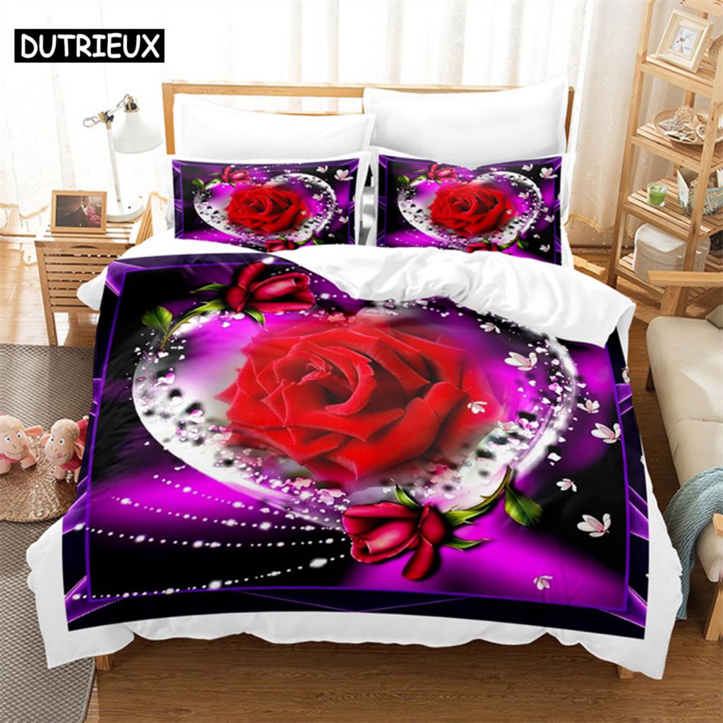 3D Принт Красной Розы - 3 предмета Комплект Пододеяльников, Доступен в размерах Кинг, Квин, Двуспальный, Односпальный и Двойной