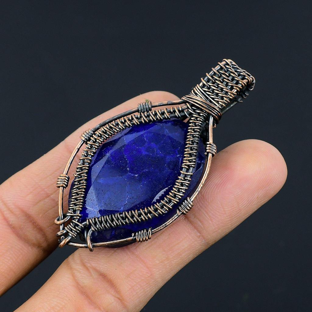 Кулон с синим сапфиром, Кулон с драгоценным камнем ручной работы, Кулон, обернутый медной проволокой 999 пробы, Антикварное украшение, Для подарка на помолвку