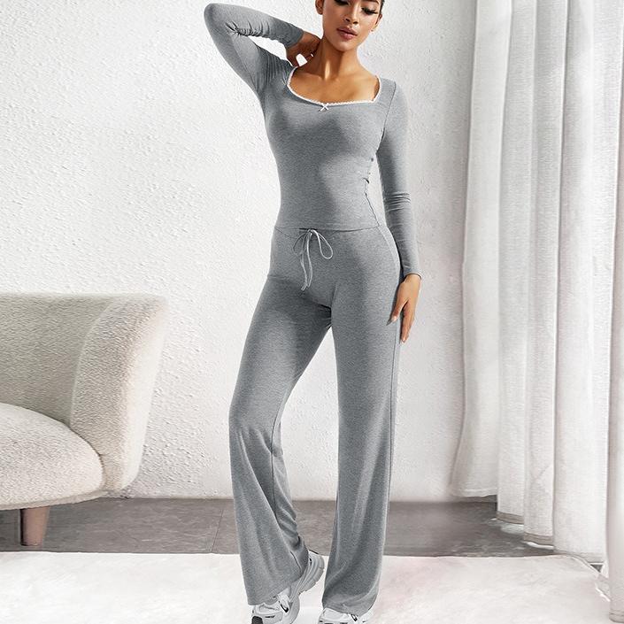 Весенне-осенний однотонный облегающий комплект пижамы для дома, сексуальный с квадратным вырезом, двухпредметный, топы с длинным рукавом и длинные брюки, серая одежда для сна