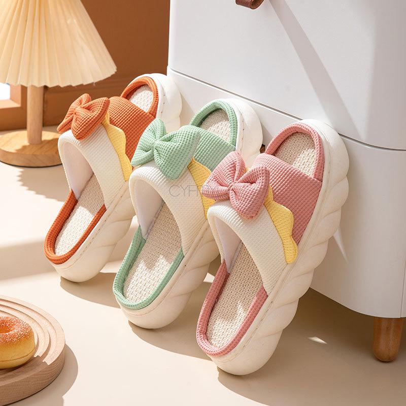 Женские тапочки Женские тапочки на платформе с открытым носком и бабочкой из льна Летние домашние тапочки для дома на все времена года Сандалии и тапочки для дома