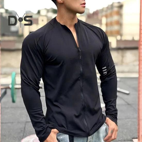 Мужское спортивное пальто с воротником-стойкой, эластичное впитывающее пот, мягкое, дышащее, быстросохнущее, однотонное, на молнии, с длинным рукавом, солнцезащитное пальто для бега в тренажерном зале