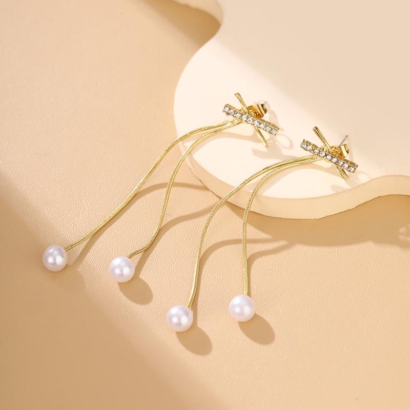 Длинные серьги-бантики из серебряных игл S925 с кошачьим глазом и жемчугом - Ретро и универсальный стиль для женщин