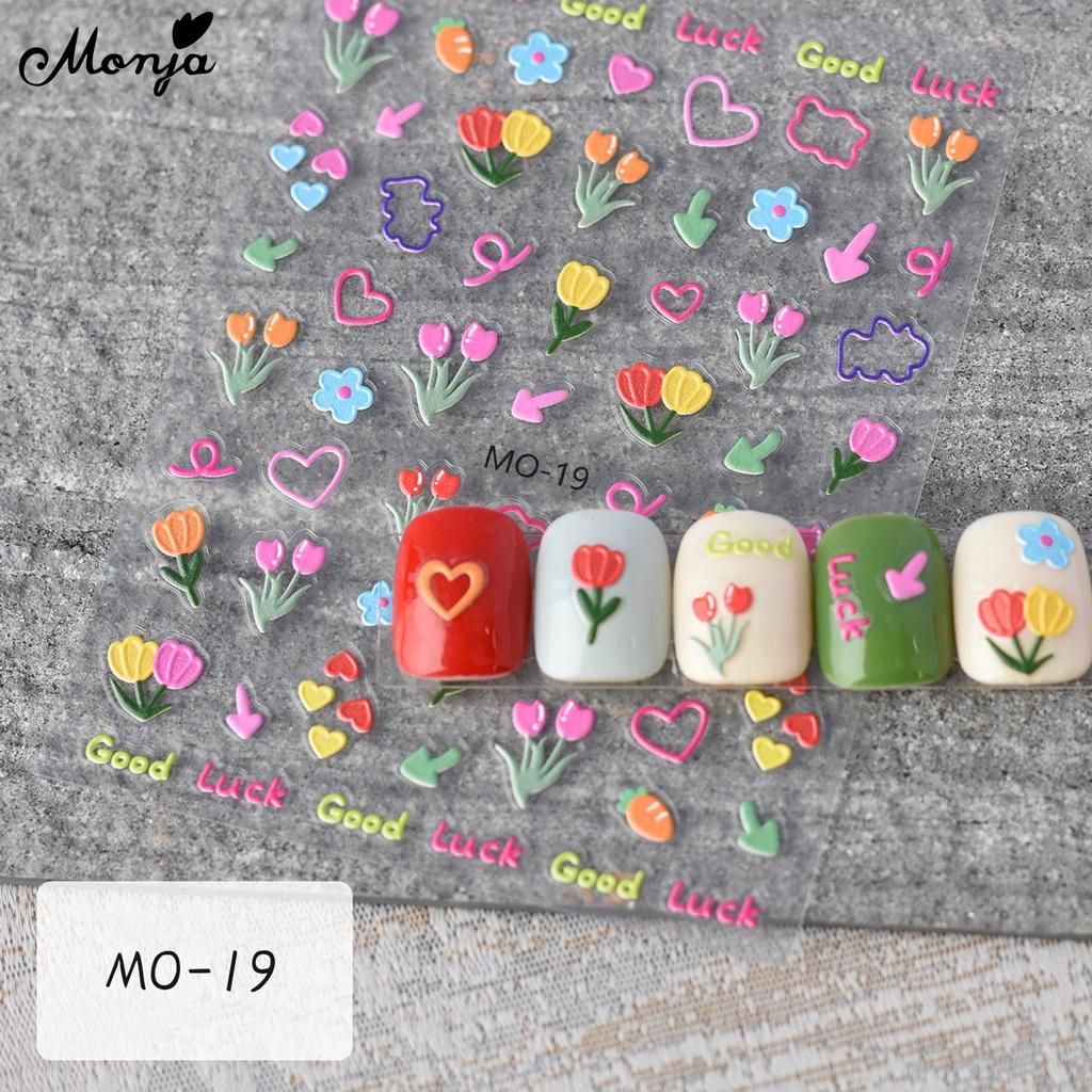 monja 6 вариантов 5D наклейки для ногтей Симпатичные тисненые цветочные серии Рельефы Клейкие наклейки Цветочный узор в виде листьев Аппликация «Белый кролик и облака»