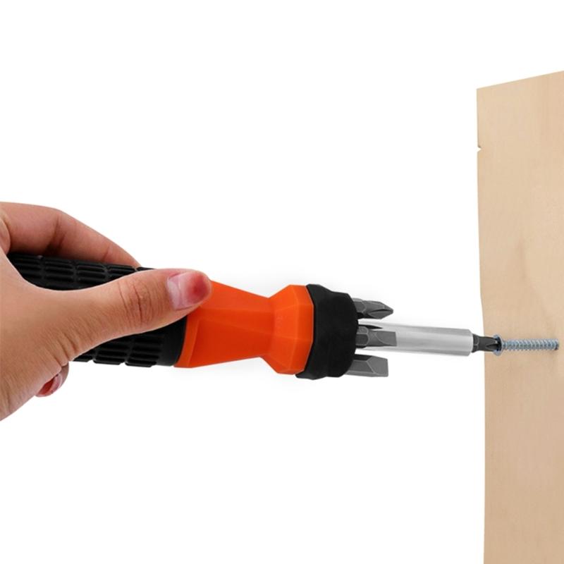 Набор многоразовых отверток 6-в-1. Короткая отвертка и насадки длиной 17 см. Намагниченный стержень для фиксации насадки.