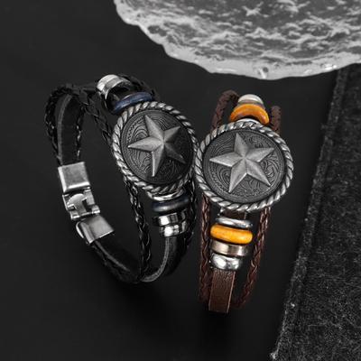 Стильный индивидуальный кожаный браслет с пятиконечной звездой и бусинами для мужчин в стиле ретро, подарок на удачу в стиле поп-панк на праздник, многоцветный