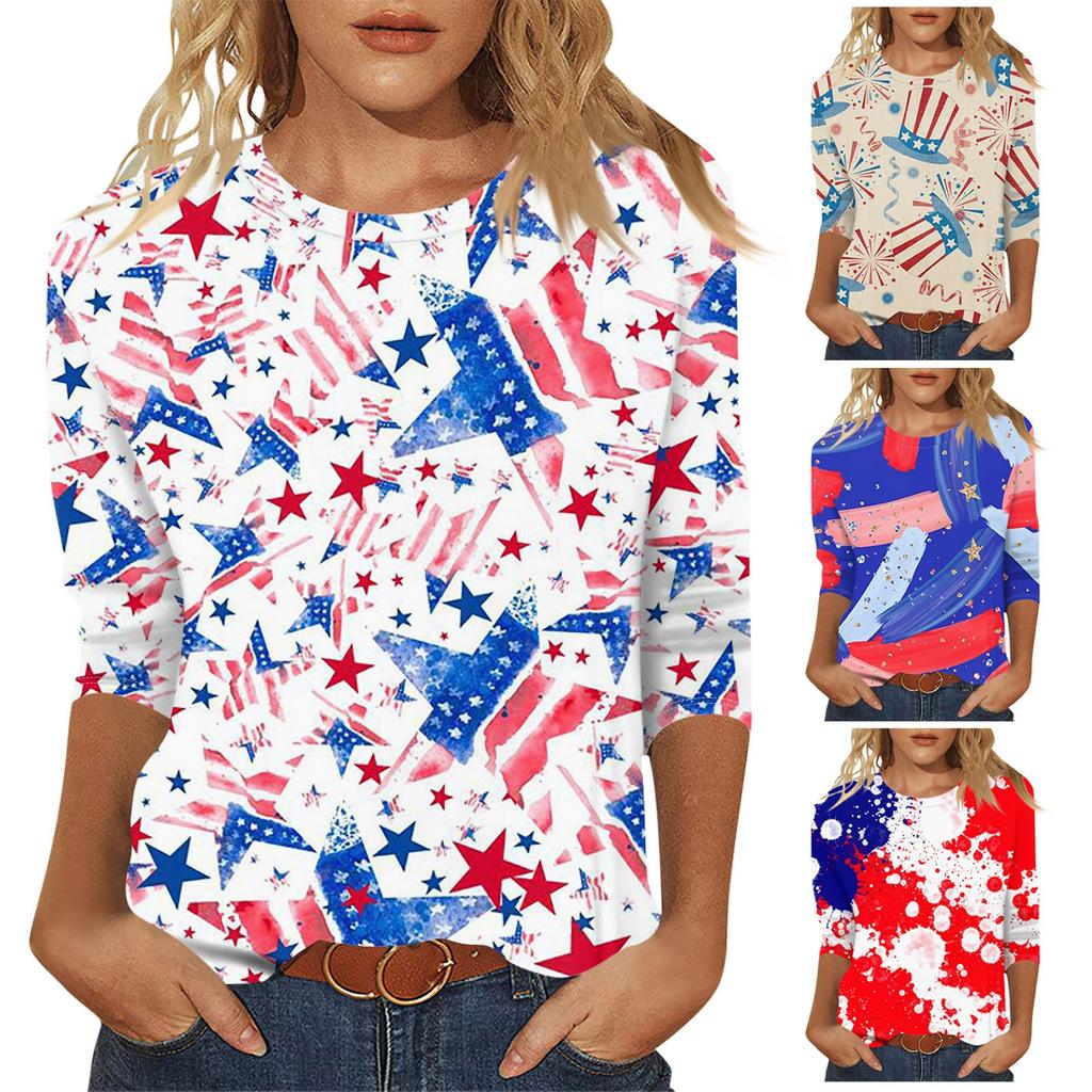 Women's 3/4 Sleeved Shirt Holiday Top Independent Day Pattern T-shirt Casual Basic Top Pullover