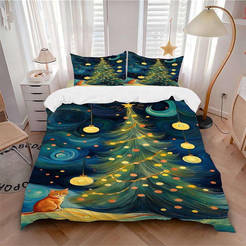 3pc Christmas Cat Cover Set - 1 Quilt Cover + 2 Pillowcases, All Seasons Bedroom Setting, Perfect for Home035