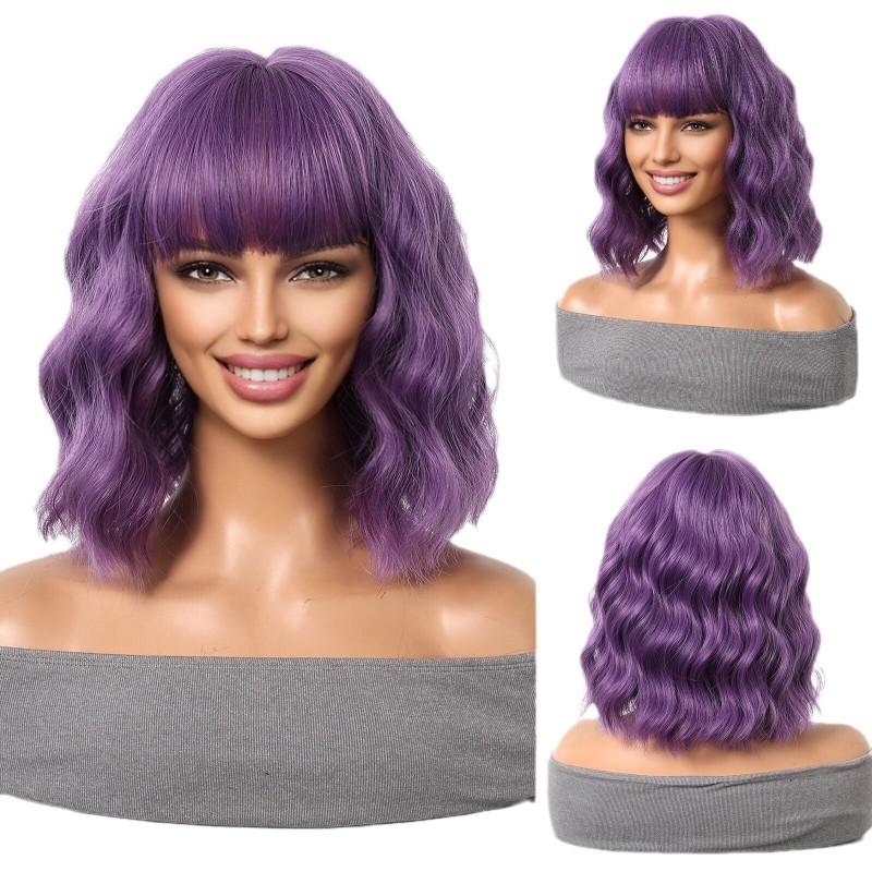 Fashion Water Wave Short Curly Wig Cosplay Colorful Women Synthetic Hair Cap