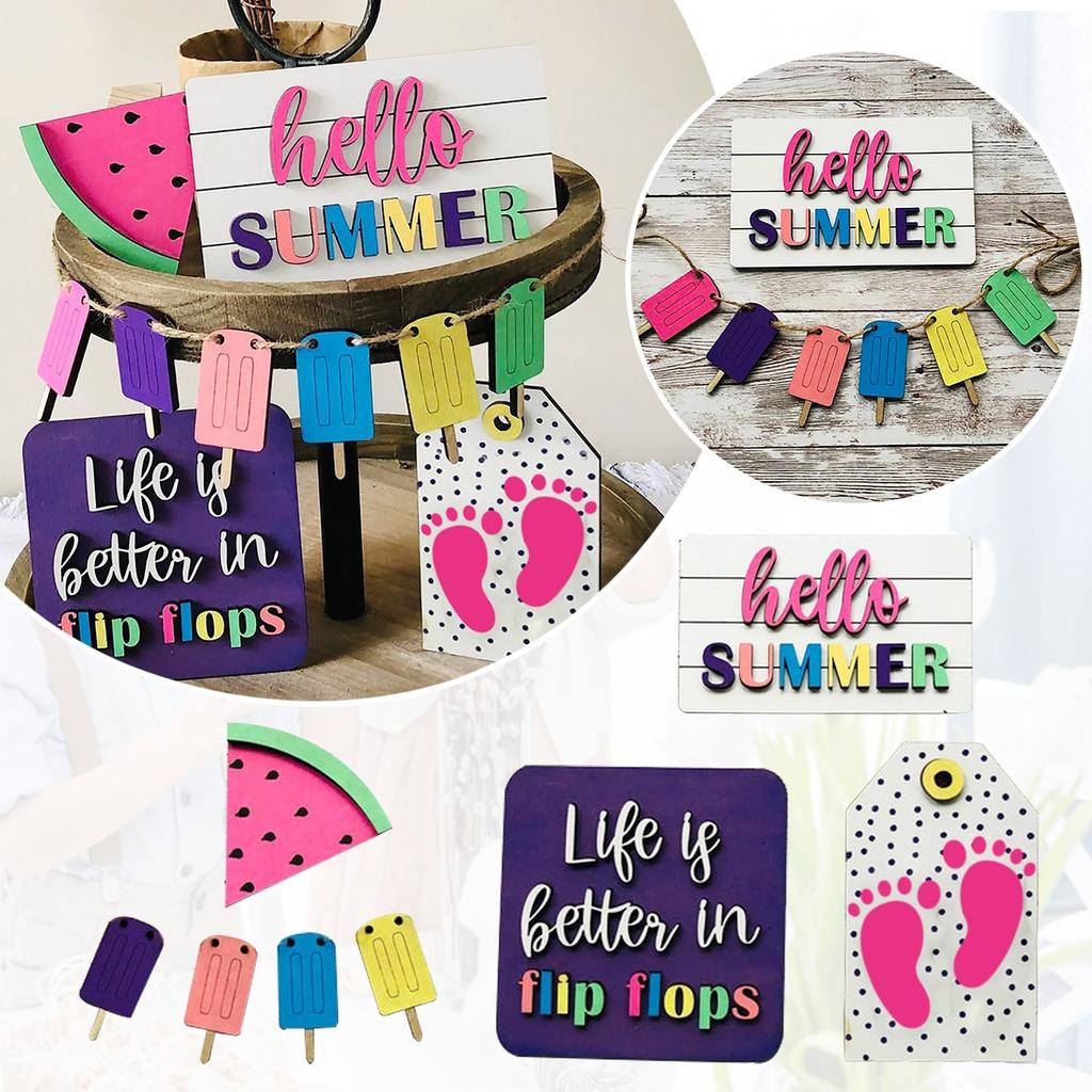 Summer Tiered Tray Decoration Items (set Of 8) Wooden Plaque Watermelon Popsicle Beach Home Shelf Coffee Table Decoration