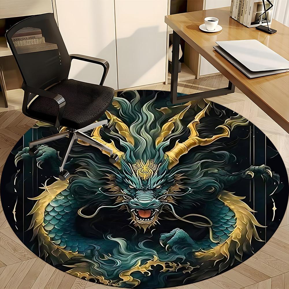 1PC Dragon Fantasy Office Round Area Rug, Mat Suitable For Office, Under Office Chairs Bedroom Living Room Home Decor, Room Deco
