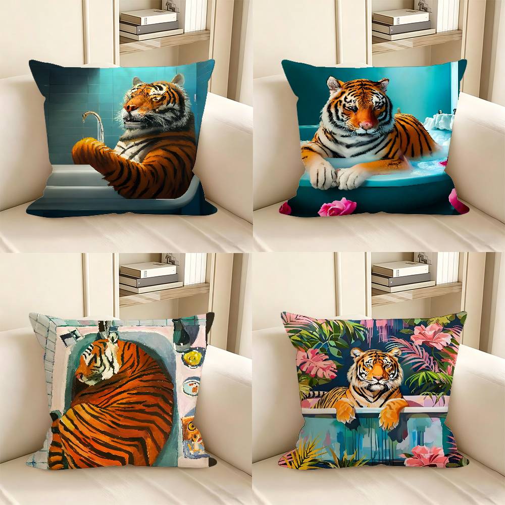 pc Colorful Bathtub Animal Tiger Pillow Case Fashion Square Pillowcase Bedroom Sofa Room Ins Decoration Leisure