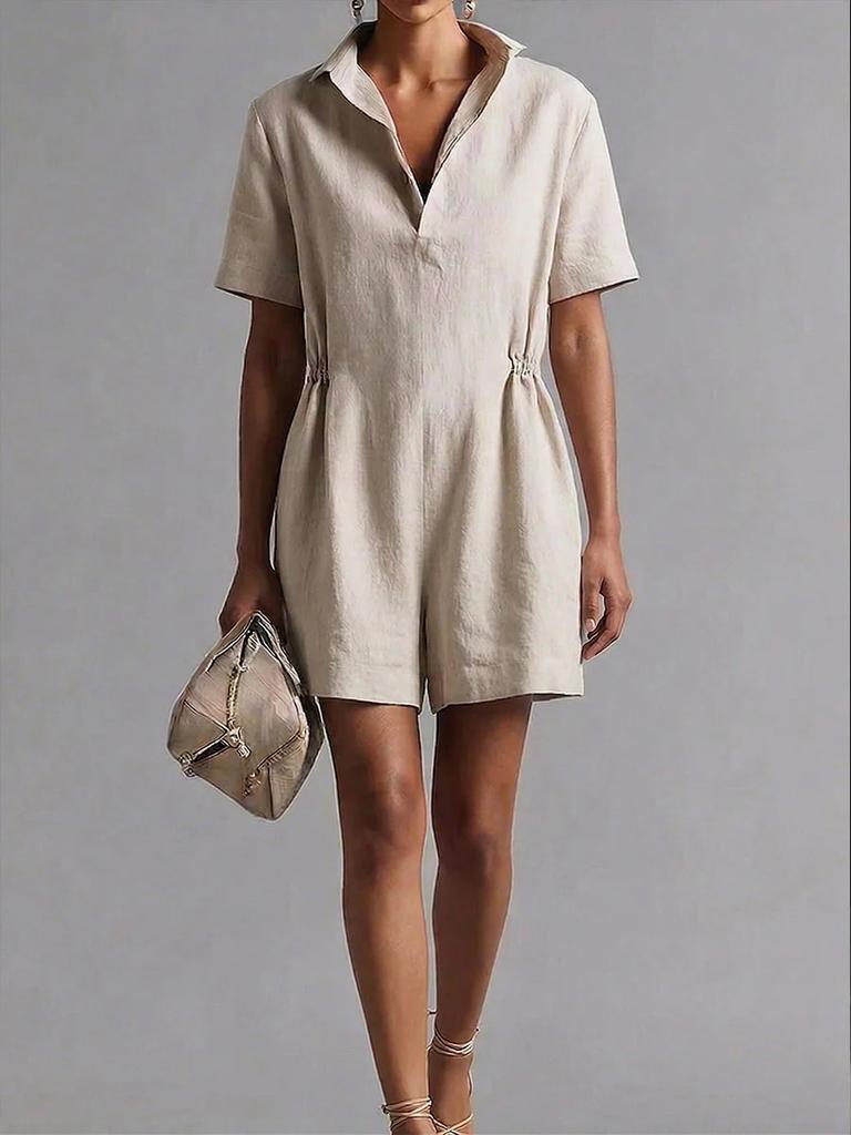 Cross-border European and American casual onesie shorts women's 2026 new short-sleeved waist loose and thin cotton and linen casual wide legs