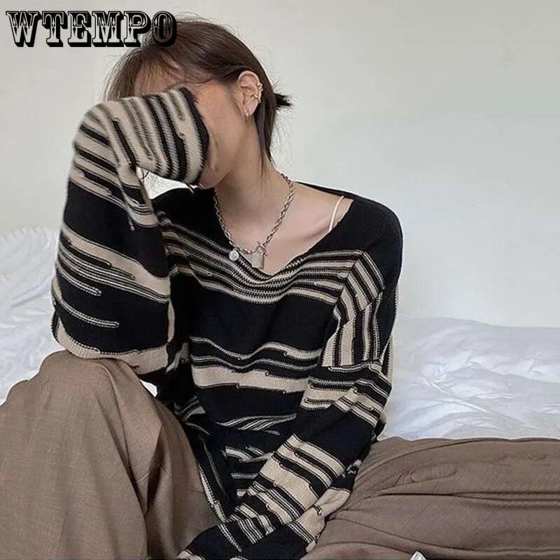 Полосатый вязаный свитер, женский винтажный свободный пуловер, полосатый топ с круглым вырезом и длинными рукавами, уличный трикотаж, Sueter Mujer, джемпер, весна-осень