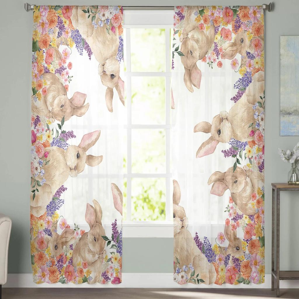 Пасхальные цветы кролика акварельные шифоновые прозрачные шторы для гостиной украшения дома оконная вуаль тюлевые шторы