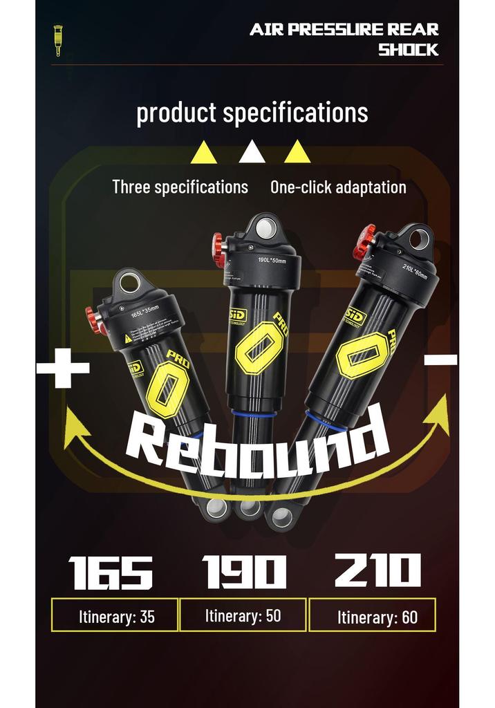 EVOSID Air Pressure Rear Shock Absorber for Mountain Bikes, Damping Suspension, 165/190/210MM
