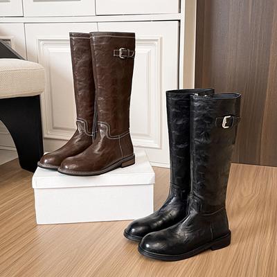 Новинка 2025 осень и зима сапоги-рыцари средней длины на толстой подошве из вымытой лошадиной кожи, боковая молния, ремешок с пряжкой, высокие сапоги, длинные сапоги
